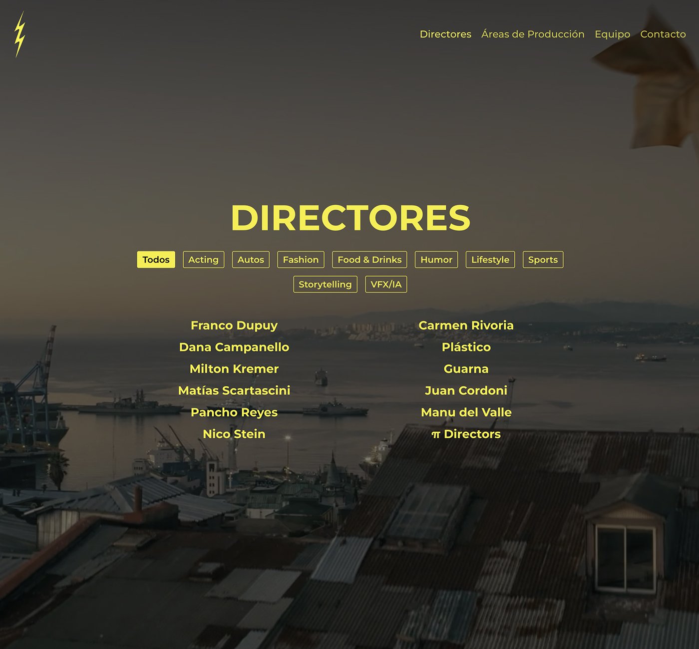 Cueca Films homepage — bold yellow and black UI with cinematic imagery